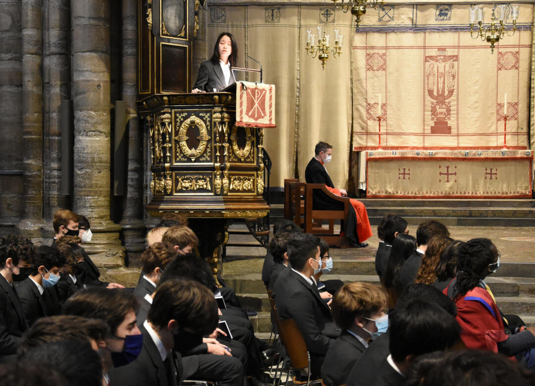 An international student speaks in Abbey