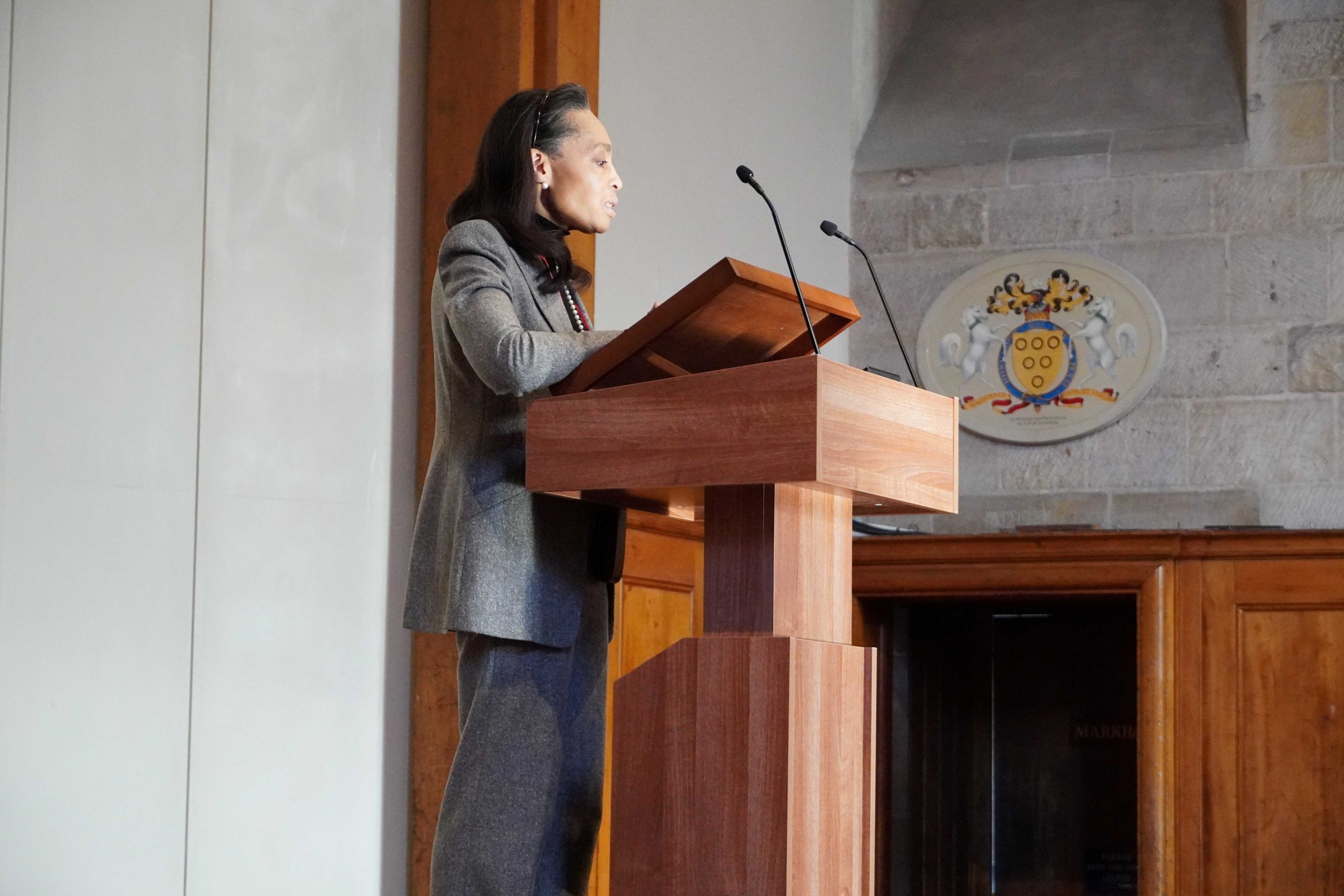 Margaret Casely-Hayford CBE speaking at a lectern in a Locke Lecture