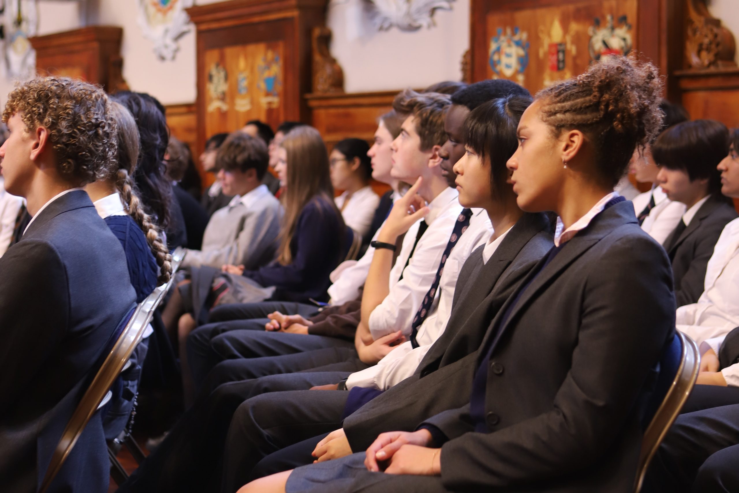 A row of Sixth Form girls and boys sat down in the audience listening to Bijan Omrani speak on the themes of his new book 'Is God an Englishman' at Westminster School.